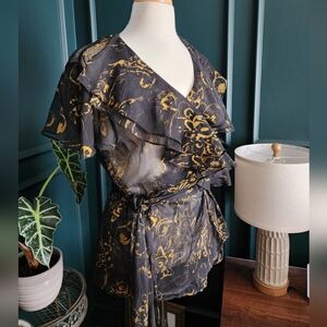 Black and Gold Baroque Wrap Blouse